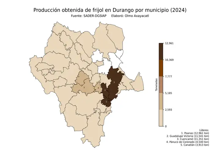 Producción obtenida de frijol en Durango por municipio